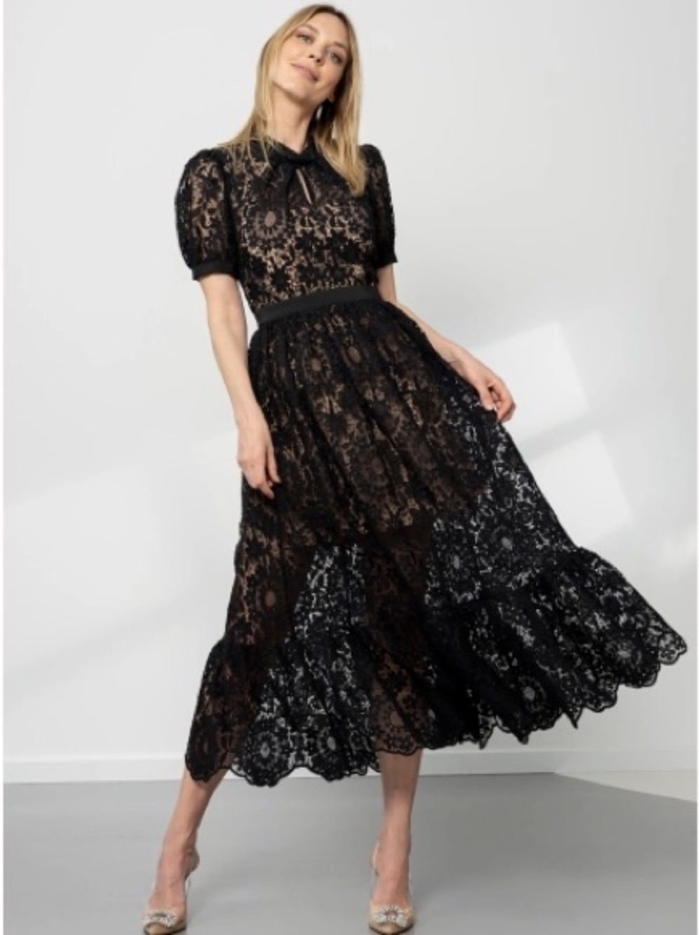 Self-Portrait Puff-Sleeved Guipure-Lace Dress
